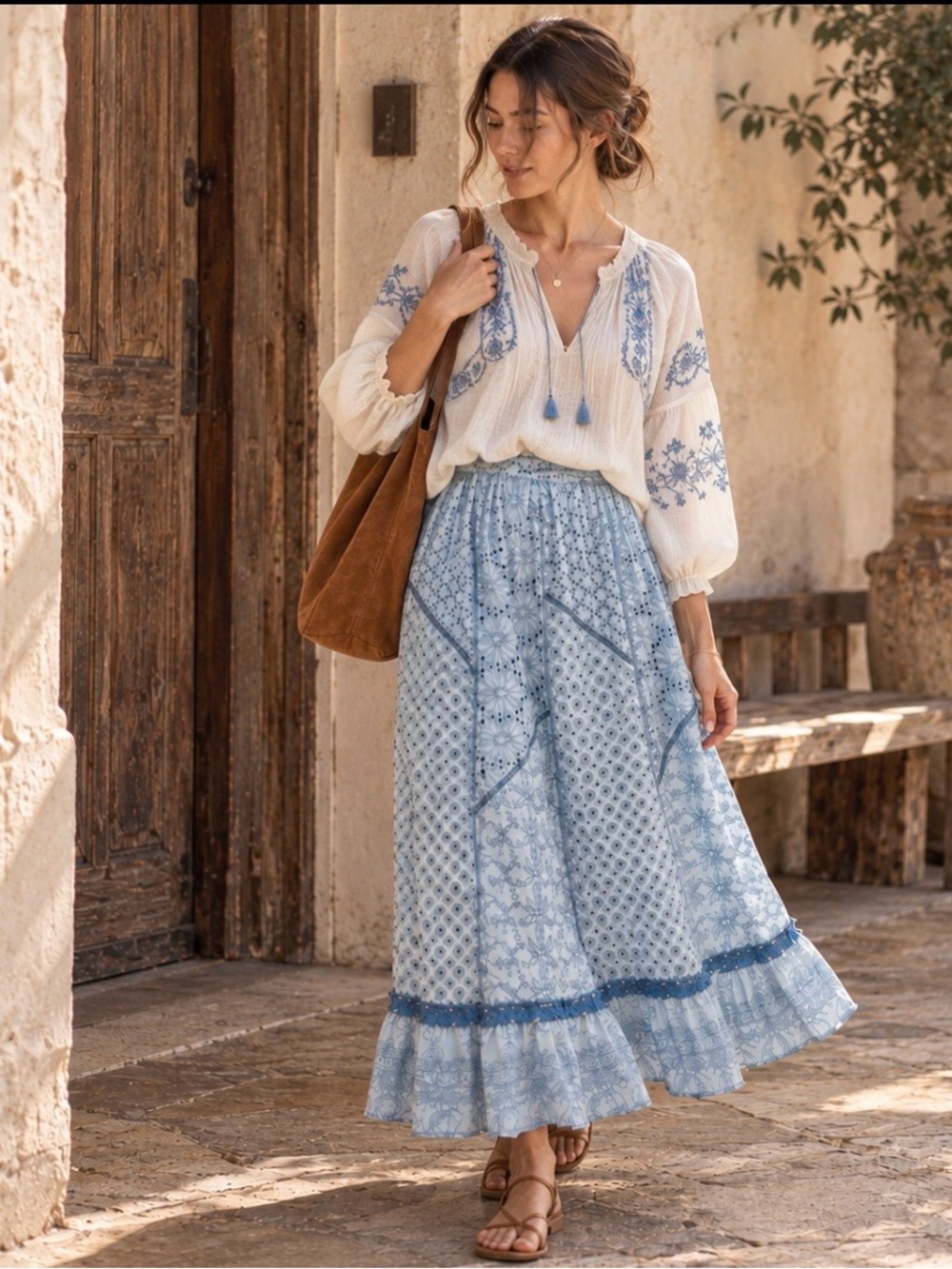 NWT Soft Surroundings Porfiria Embroidered Eyelet Maxi Skirt Blue Boho Large